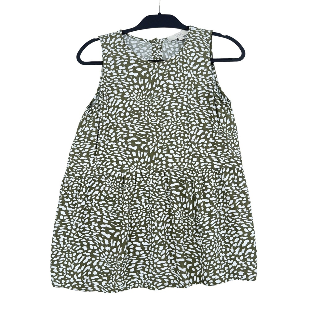 LOFT Peplum Top Women S 100% Rayon Olive Green Abstract Animal Print